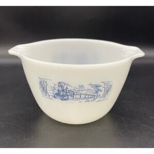 Vintage Currier & Ives White Milk Glass 1.5 Qt Mixing Bowl Locomotive Train 6"